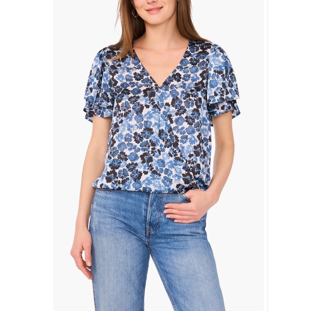 NWT Vince‎ Camuto Floral Print Tulip Sleeve Wrap Top in Size XS #ruffle Sleeve